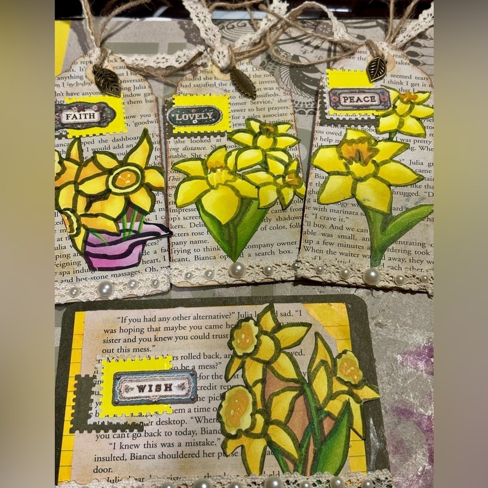 Art Tags Collage mixed media yellow flowers Tags and journal card handmade